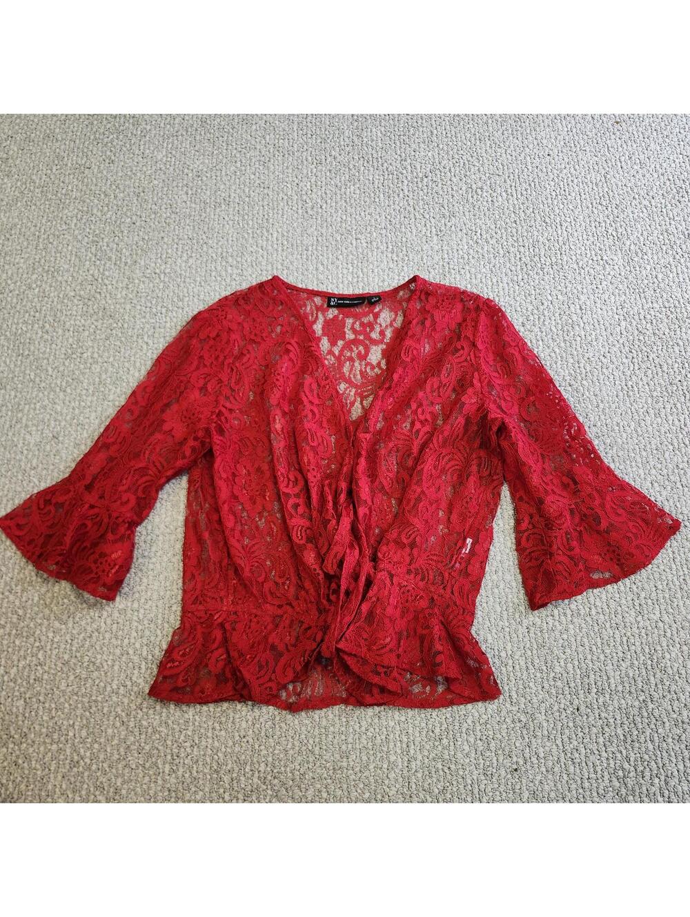 New York & Company Red Lace Sheer Wrap Blouse with 3/4 Bell Sleeves Size Large